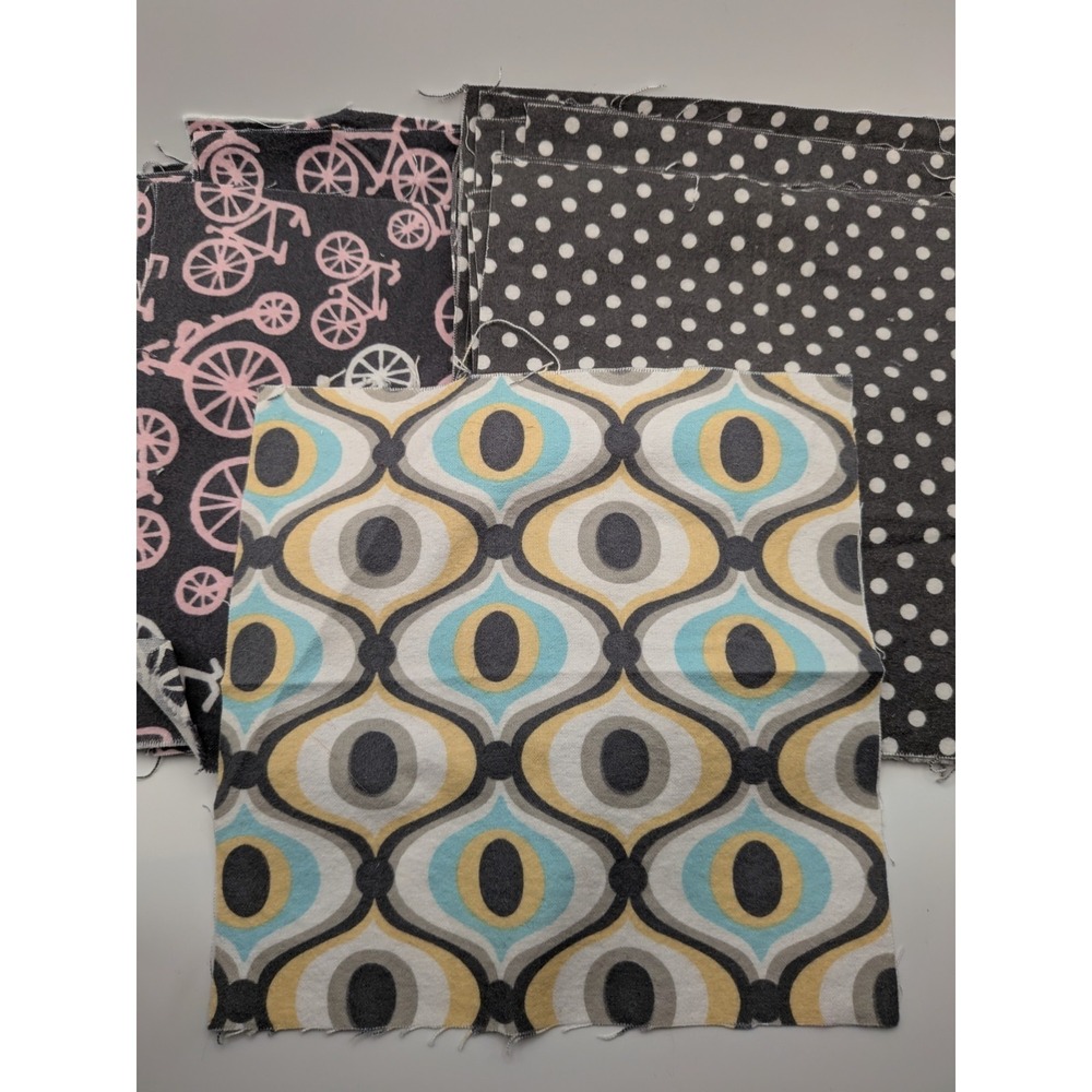 24pc Flannel Fabric Squares 8.5in Bicycle Polka Dot Retro Geometric Quilting Lot